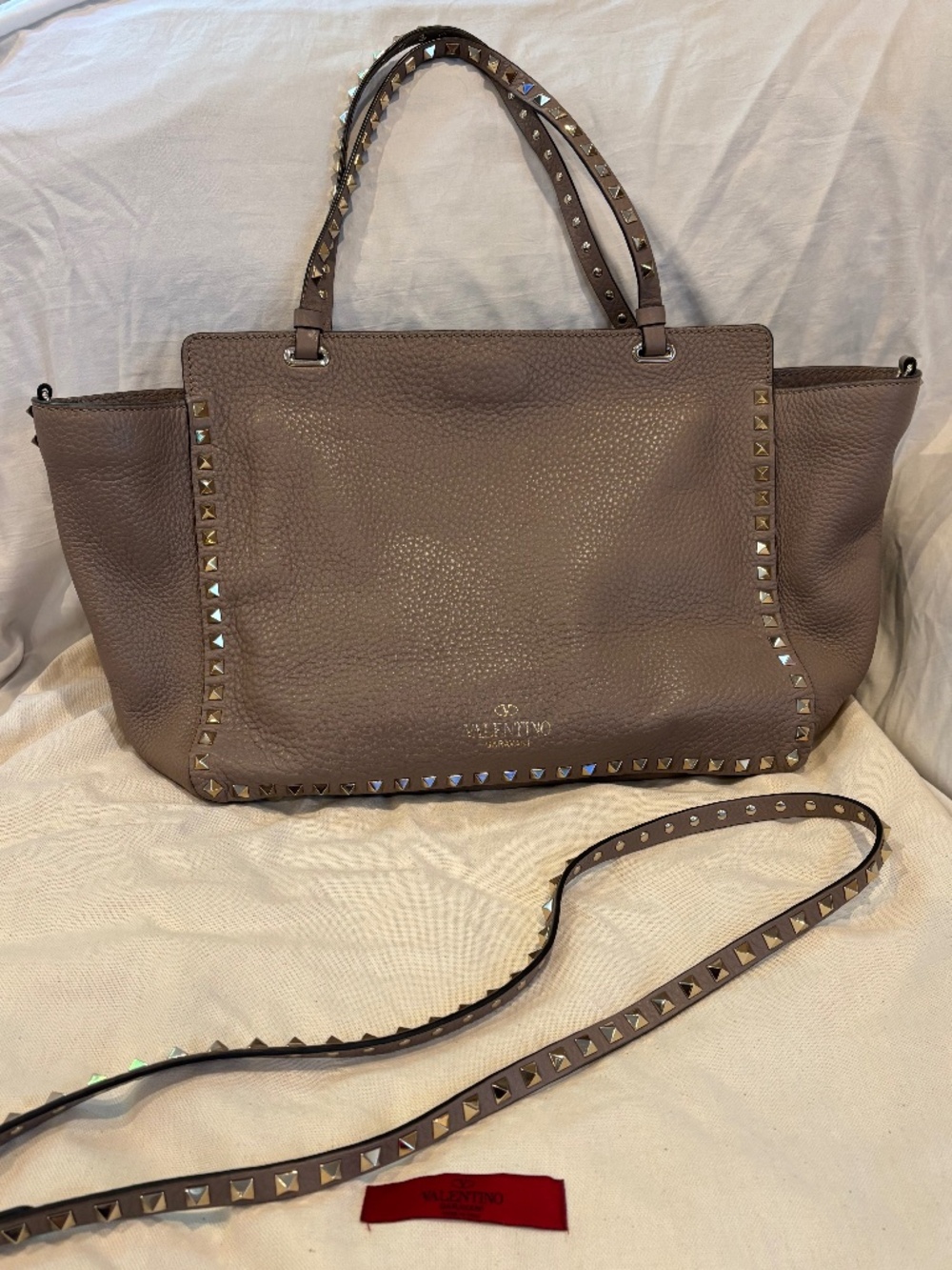 Valentino Garavani Rockstud Taupe Leather Tote Bag + Strap